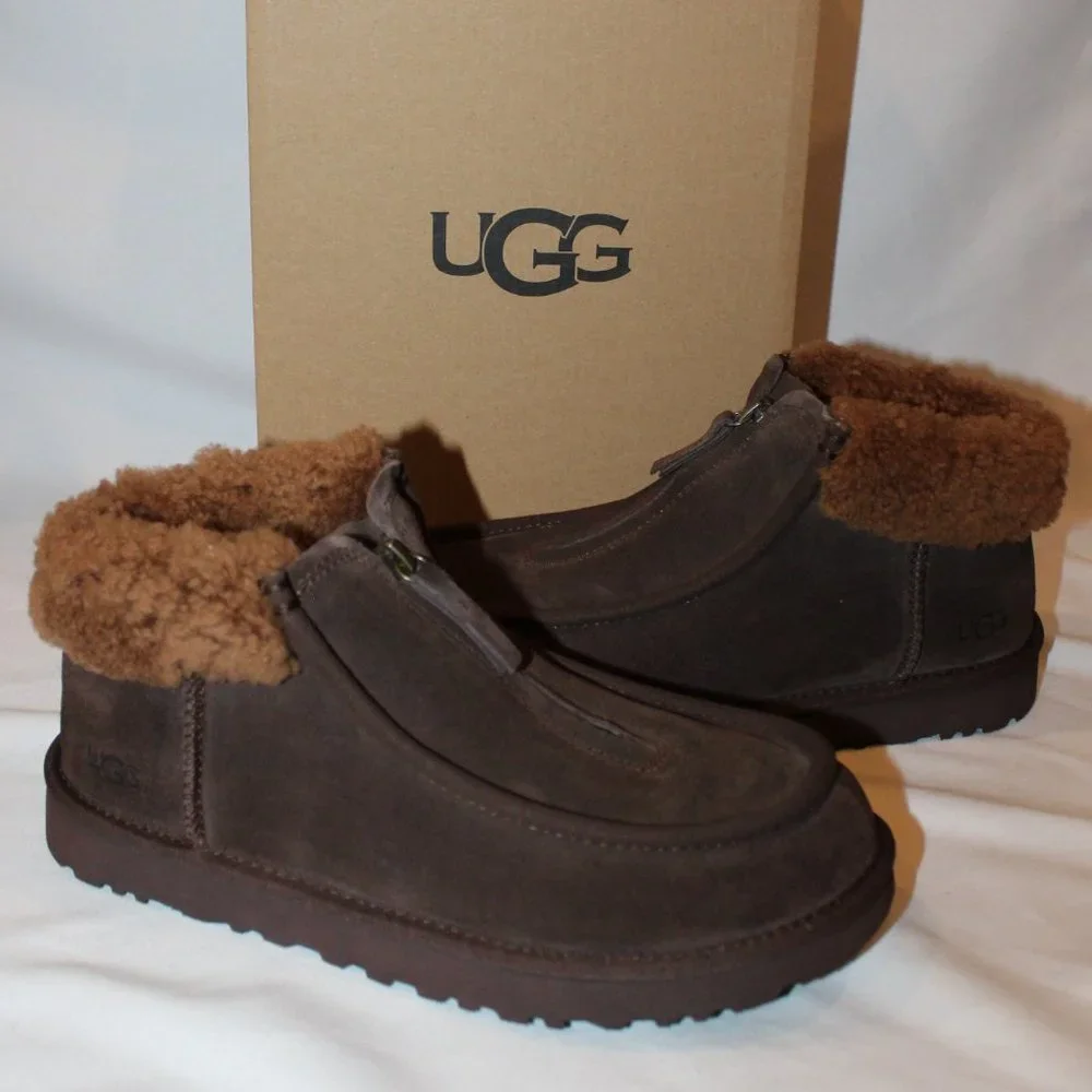 NIB UGG WOMEN'S FUNKARRA ZIP FRONT SHEARLING CUFF SUEDE ANKLE BOOTS